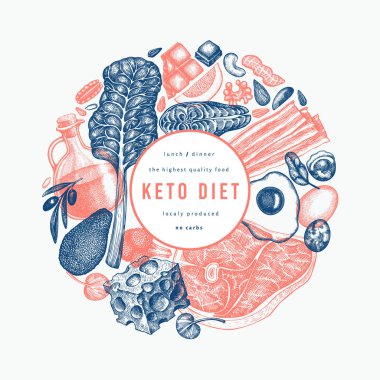Keto Diyet Tasarım Şablonu. Vektör El Sağlıklı Yiyecek Afişi. Vintage Biçimli Ketogenic Menü İllüstrasyonu.