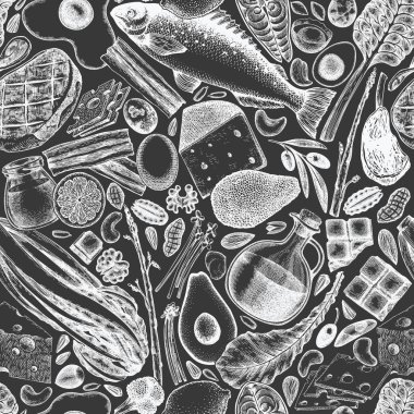 Keto Diyet Tebeşir Kurulu Kusursuz Desen. Vektör El Sağlıklı Yemek Özgeçmişi. Vintage Biçimli Ketogenic Menü İllüstrasyonu.