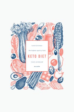 Keto Diyet Tasarım Şablonu. Vektör El Sağlıklı Yiyecek Afişi. Vintage Biçimli Ketogenic Menü İllüstrasyonu.