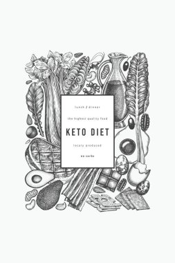 Keto Diyet Tasarım Şablonu. Vektör El Sağlıklı Yiyecek Afişi. Vintage Biçimli Ketogenic Menü İllüstrasyonu.