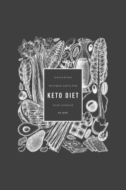 Keto Diyet Tebeşir Tasarım Şablonu. Vektör El Sağlıklı Yiyecek Afişi. Vintage Biçimli Ketogenic Menü İllüstrasyonu.