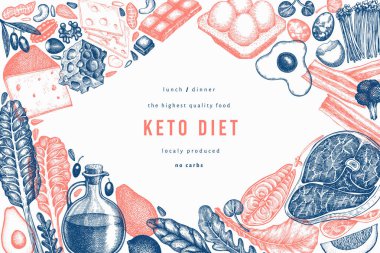 Keto Diyet Tasarım Şablonu. Vektör El Sağlıklı Yiyecek Afişi. Vintage Biçimli Ketogenic Menü İllüstrasyonu.