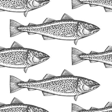 Klasik Morina Balığı Kusursuz Şablonu. Vector Hand Çekilmiş Balık Arkaplanı. Yüksek Kaliteli Eski Moda Resimleri