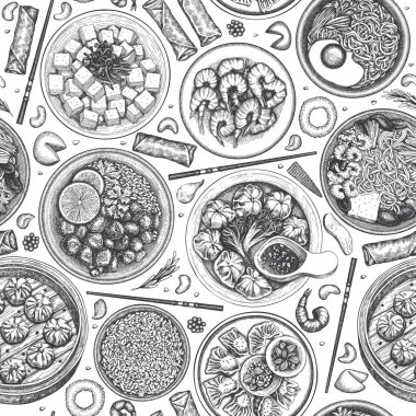 Çin mutfağı arka planı. Vektör El, Asya Gıda Şekilsiz Çizildi. Vintage Biçim Menüsü ResmiComment.