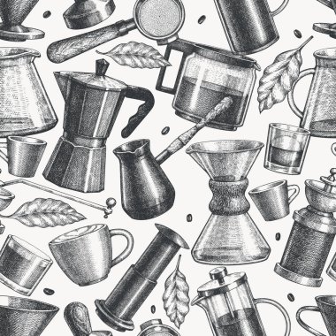 Alternatif Kahve Üreticileri Kusursuz Desen. Vector Hand Özel Kahve Ekipmanı Özgeçmişi. Vintage Style Coffee Bar Tasarımı 