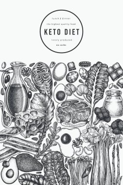 Keto Diyet Tasarım Şablonu. Vektör El Sağlıklı Yiyecek Afişi. Vintage Biçimli Ketogenic Menü İllüstrasyonu.