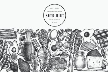 Keto Diyet Tasarım Şablonu. Vektör El Sağlıklı Yiyecek Afişi. Vintage Biçimli Ketogenic Menü İllüstrasyonu.