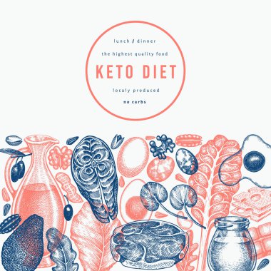 Keto Diyet Tasarım Şablonu. Vektör El Sağlıklı Yiyecek Afişi. Vintage Biçimli Ketogenic Menü İllüstrasyonu.