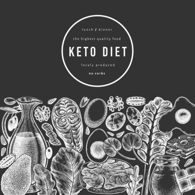 Keto Diyet Tebeşir Tasarım Şablonu. Vektör El Sağlıklı Yiyecek Afişi. Vintage Biçimli Ketogenic Menü İllüstrasyonu.
