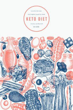 Keto Diyet Tasarım Şablonu. Vektör El Sağlıklı Yiyecek Afişi. Vintage Biçimli Ketogenic Menü İllüstrasyonu.