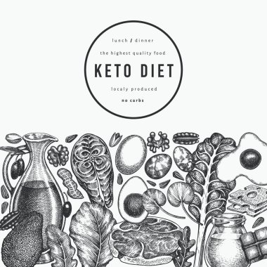 Keto Diyet Tasarım Şablonu. Vektör El Sağlıklı Yiyecek Afişi. Vintage Biçimli Ketogenic Menü İllüstrasyonu.