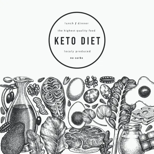 Keto Diyet Tasarım Şablonu. Vektör El Sağlıklı Yiyecek Afişi. Vintage Biçimli Ketogenic Menü İllüstrasyonu.