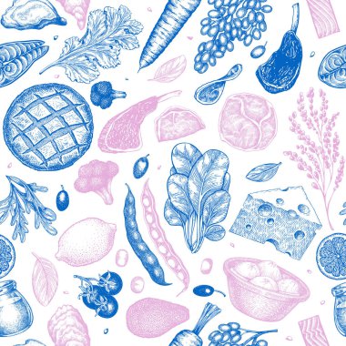 Akdeniz Mutfağı Kusursuz Vektör Deseni. Vektör El Sağlıklı Yemek Özgeçmişi. Vintage Biçim Menüsü ResmiComment.