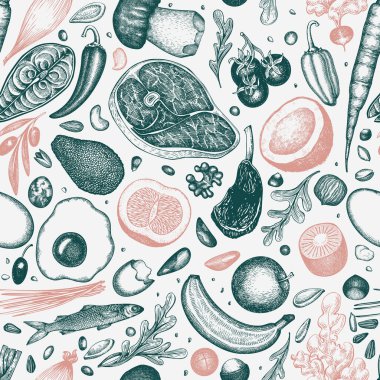 Paleo Diyet Kusursuz Düzen. Vektör El Sağlıklı Yemek Özgeçmişi. Vintage Biçim Menüsü ResmiComment.