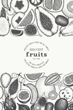 Tropikal Meyve Tasarım Şablonu. Vektör El Egzotik Meyve Afişi. Vintage Biçim Menüsü ResmiComment.