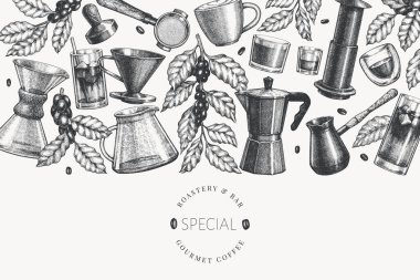 Alternatif Kahve Yapıcıları İllüstrasyonu. Vector Hand Özel Kahve Malzemeleri Bayrağı. Vintage Style Coffee Bar Tasarımı 