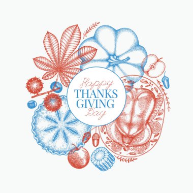 Vektör El, Şükran Günü Menüsü Tasarım Şablonu. Festive Food Illustration. Klasik Aile Yemeği Arkaplanı