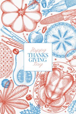 Vektör El, Şükran Günü Menüsü Tasarım Şablonu. Festive Food Illustration. Klasik Aile Yemeği Arkaplanı