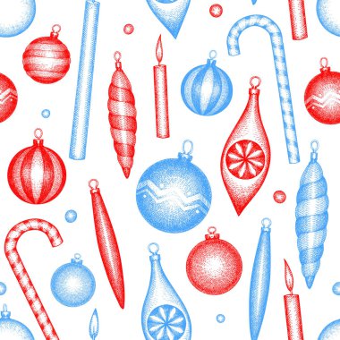 Noel Eli Çekici Vektör Kusursuz Desen. Klasik Botanik Çizim Tarzı. Kış Tatil Bitkileri Xmas Arkaplanı.