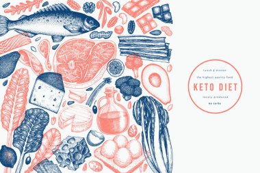 Keto Diyet Tasarım Şablonu. Vektör El Sağlıklı Yiyecek Afişi. Vintage Biçimli Ketogenic Menü İllüstrasyonu.