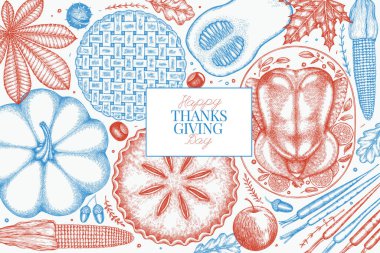 Vektör El, Şükran Günü Menüsü Tasarım Şablonu. Festive Food Illustration. Klasik Aile Yemeği Arkaplanı
