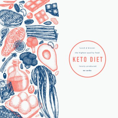 Keto Diyet Tasarım Şablonu. Vektör El Sağlıklı Yiyecek Afişi. Vintage Biçimli Ketogenic Menü İllüstrasyonu.