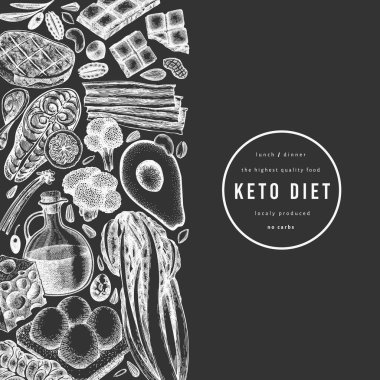Keto Diyet Tebeşir Tasarım Şablonu. Vektör El Sağlıklı Yiyecek Afişi. Vintage Biçimli Ketogenic Menü İllüstrasyonu.