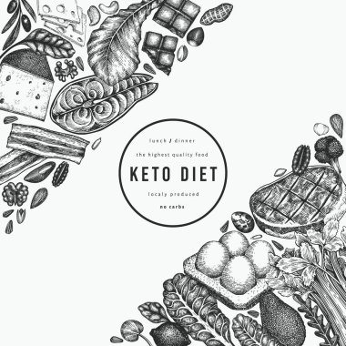 Keto Diyet Tasarım Şablonu. Vektör El Sağlıklı Yiyecek Afişi. Vintage Biçimli Ketogenic Menü İllüstrasyonu.