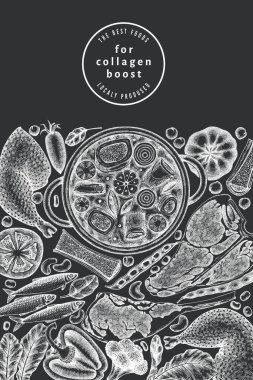 Kolajen Diyet Tebeşir Tasarım Şablonu. Vektör El Sağlıklı Yiyecek Afişi. Klasik Kolajen Büküm Menüsü ResimleriComment.