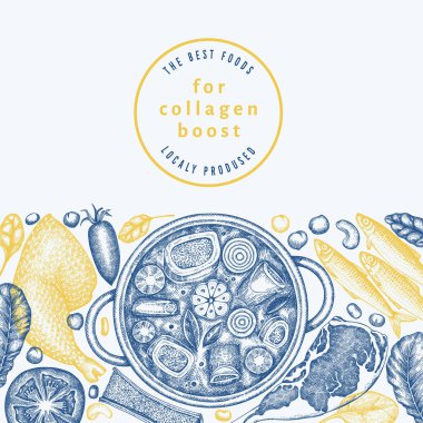 Kolajen Diyet Tasarım Şablonu. Vektör El Sağlıklı Yiyecek Afişi. Klasik Kolajen Büküm Menüsü ResimleriComment.