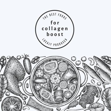 Kolajen Diyet Tasarım Şablonu. Vektör El Sağlıklı Yiyecek Afişi. Klasik Kolajen Büküm Menüsü ResimleriComment.