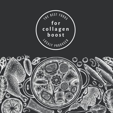 Kolajen Diyet Tebeşir Tasarım Şablonu. Vektör El Sağlıklı Yiyecek Afişi. Klasik Kolajen Büküm Menüsü ResimleriComment.