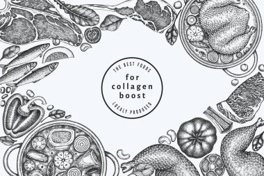 Kolajen Diyet Tasarım Şablonu. Vektör El Sağlıklı Yiyecek Afişi. Klasik Kolajen Büküm Menüsü ResimleriComment.