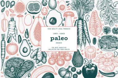 Paleo Diyet Tasarım Şablonu. Vektör El Sağlıklı Yiyecek Afişi. Vintage Biçim Menüsü ResmiComment.