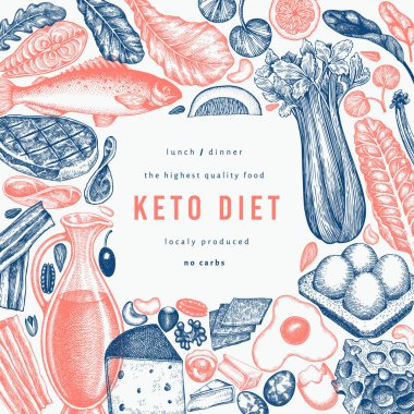 Keto Diyet Tasarım Şablonu. Vektör El Sağlıklı Yiyecek Afişi. Vintage Biçimli Ketogenic Menü İllüstrasyonu.
