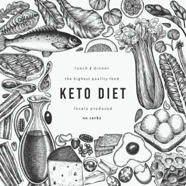 Keto Diyet Tasarım Şablonu. Vektör El Sağlıklı Yiyecek Afişi. Vintage Biçimli Ketogenic Menü İllüstrasyonu.