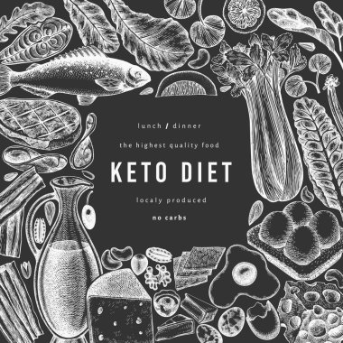 Keto Diyet Tebeşir Tasarım Şablonu. Vektör El Sağlıklı Yiyecek Afişi. Vintage Biçimli Ketogenic Menü İllüstrasyonu.