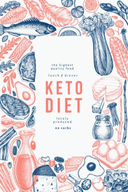 Keto Diyet Tasarım Şablonu. Vektör El Sağlıklı Yiyecek Afişi. Vintage Biçimli Ketogenic Menü İllüstrasyonu.