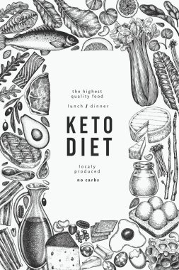 Keto Diyet Tasarım Şablonu. Vektör El Sağlıklı Yiyecek Afişi. Vintage Biçimli Ketogenic Menü İllüstrasyonu.