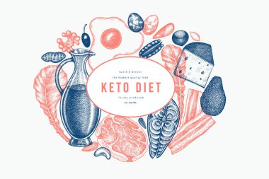 Keto Diyet Tasarım Şablonu. Vektör El Sağlıklı Yiyecek Afişi. Vintage Biçimli Ketogenic Menü İllüstrasyonu.