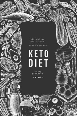 Keto Diyet Tebeşir Tasarım Şablonu. Vektör El Sağlıklı Yiyecek Afişi. Vintage Biçimli Ketogenic Menü İllüstrasyonu.