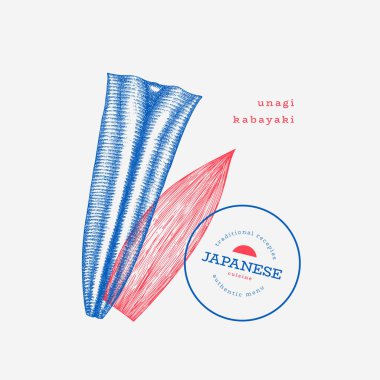 Unagi Kabayaki Japon Mutfak Resimleri. Izgara Yılanbalığı Eli Çekim Vektörü Çizimleri. Retro Asya Gıda İzole Resmi.