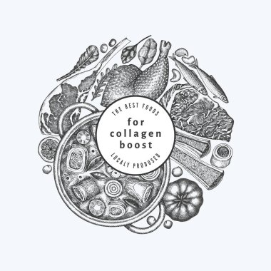 Kolajen Diyet Tasarım Şablonu. Vektör El Sağlıklı Yiyecek Afişi. Klasik Kolajen Büküm Menüsü ResimleriComment.