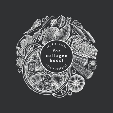 Kolajen Diyet Tebeşir Tasarım Şablonu. Vektör El Sağlıklı Yiyecek Afişi. Klasik Kolajen Büküm Menüsü ResimleriComment.