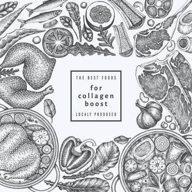 Kolajen Diyet Tasarım Şablonu. Vektör El Sağlıklı Yiyecek Afişi. Klasik Kolajen Büküm Menüsü ResimleriComment.