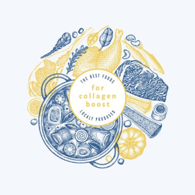 Kolajen Diyet Tasarım Şablonu. Vektör El Sağlıklı Yiyecek Afişi. Klasik Kolajen Büküm Menüsü ResimleriComment.