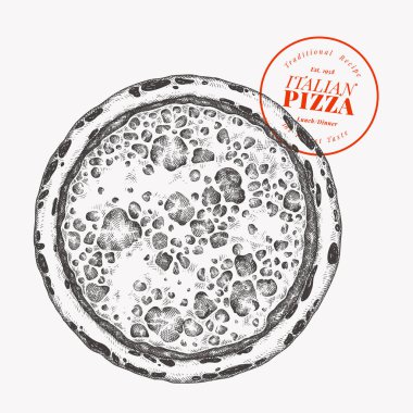 El Çekimi Vector Pizza Çizimi. Retro Cheese Pizza izole edilmiş görüntü. Eski İtalyan Yemekleri