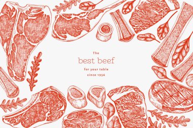 Kasap Dükkanı Tasarım Şablonu. Vektör El Çizilmiş Et Bayrağı. Klasik Biçim Çubuğu B Q Menü İllüstrasyonu.