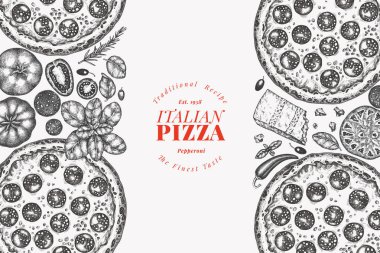 El Çekimi Vector Pizza Çizimi. Retro Pepperoni Pizza Tasarım Şablonu. Eski İtalyan Yemekleri
