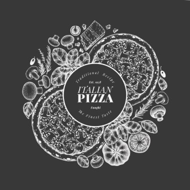 El Çekimi Vector Pizza Çizimi. Retro Mantarlı Pizza Tebeşir Tasarım Şablonu. Eski İtalyan Yemekleri